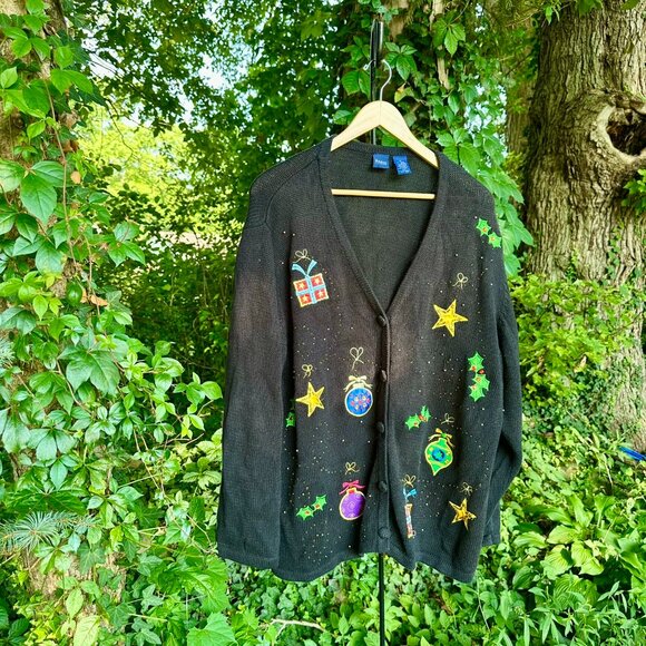 Vintage 90's Basic Editions Black Bedazzled Christmas Sweater Cardigan 3XL - Picture 7 of 7